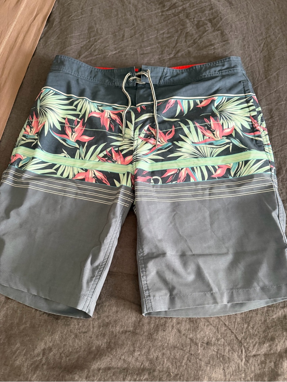 Goodfellow & Co Gray Swim Shorts with Green and Coral Tropical Stripe